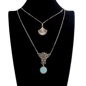 Latest Design Two Layers Metal Chain Necklace With Metal Folding Fan And Stone Pendant