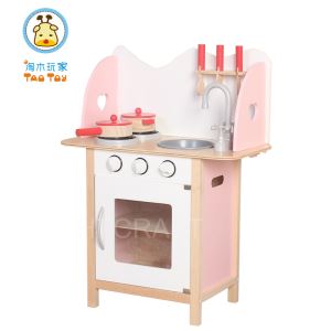 (TK035) Small Pink Solid Wood Kitchen Toy Set With Five Sets Play Utensils, Children Pretend Play Kitchen For Wholesale