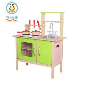 (TK036) Green Color Solid Wood Play Kitchen With Five Utensils, Wooden Educational Toy