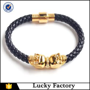 China Adjustable Mens Magnetic Clasp Gold Plating Skull Braided Rope Leather Bracelet Supplier