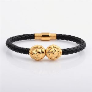 High Quality Double Real 18kt Gold Lion Head Genuine Leather Bracelet with Gold Clasp