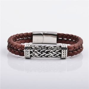 Spanish Silver Stainless Steel Metal Charm Brown Genuine Braided Leather Bracelets