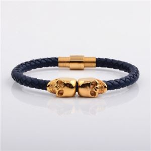 Trend Designs Leather Jewelry Stainless Steel Real Gold Plating Double Skull and Lock Bracelets