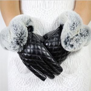 Women Cony Hair PU Winter Gloves