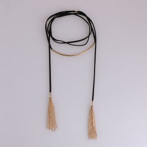 Women Vintage Gold Plated Metal Tube And Double Gold Chain Tassel Black Faux Suede Necklace