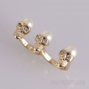 Gold Tone Three Skull With White Peals Two Double Stylish Women Finger Ring