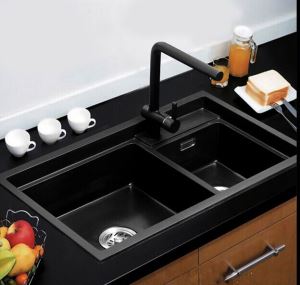 Kitchen Sinks Stainless Steel Strainer Kitchen Quartz Stone Sink with Two Holes