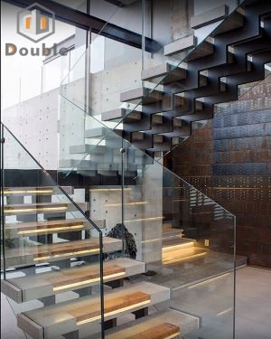 Triple/Three Stringer U Shape Straight Glass Staircase with Marble Tread