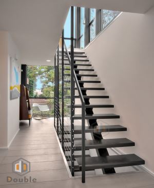 Narrow Space Used Straight Staircase Wood Steps Cable Metal Railing