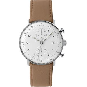 White and Silver Modern Day Date Quartz Movement Watch for Men with Leather Strap
