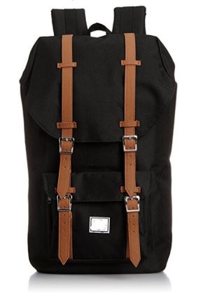 Nylon and Leather Trim Lightweight Black Flap Drawstring Sport Backpack