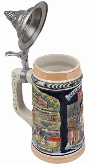 Germany Munich Stoneware Raised Relief Beer Stein with Pewter Lid