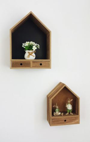 Set of 2 House Shaped Wall Mounted Shelves Wooden Decorative Display Shelving Units for Bedroom