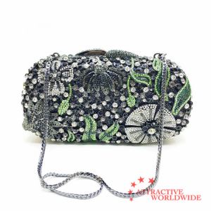 PU Leather Women Evening Bag Covered with Flower Rhinestones