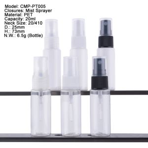 Clear 20ml Plastic PET Bottles with Spray Pump and Dust Cap