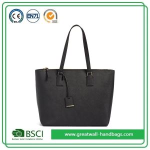 Fashion Casual Ladies Black Leather Handbags with Top Zipper Closure