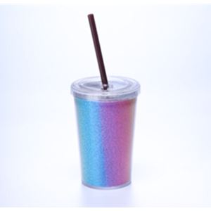 350ML 12 Ounce Double Wall Plastic Straw Cup With Shine Glitter Colorful DIY Paper Insert