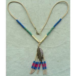 Suede With Wood Beads And Metal Leaf Necklace