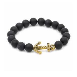 Matte Black Onyx Bead Bracelet Anchor Bracelets for Men