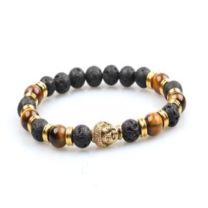 Tiger Eye with Black Lava Stone Bead Buddha Head Bracelet