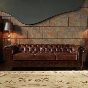 Full Grain Leather Vintage 3 Seater Chesterfield Sofa Made in China