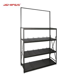 Standard Metal Display Stand Rack With Flat Wood Panel And Wire Divider Shelves
