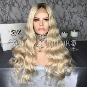 Shy Ombre Cream Blonde Full Lace Wigs Long Wave Human Hair