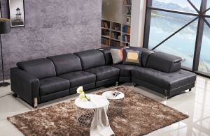 Black Leather Modern Corner Sofa with Audio Music System and Power Motion Recliner