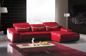 Red Leather L Shaped Sofa with Adjustable Headrests and Contrasting Color on Arm Side