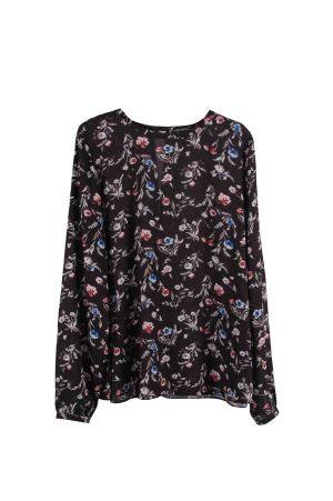 Flower-Print Long-Sleeve Old Fashion Polyeater Blouse With Keyhole Detail Factory