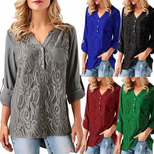 Roll Sleeve Lace Panel Blouse Plus Size