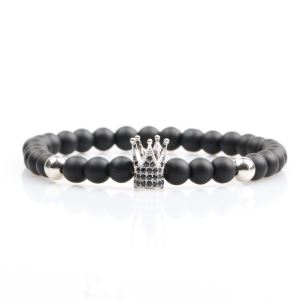 European Design Four Colors Available Black Matte Onyx Crown Bead Bracelet For Men