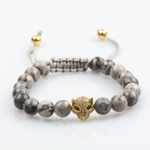 High Quality Gray Map Jasper Stone Beads Bracelets With Gold Panther Charm Bracelets Wholesale