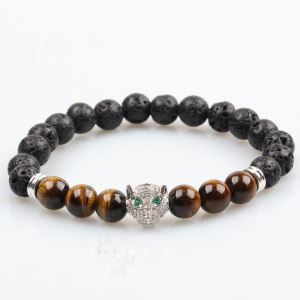 USA Style Fashion Jewelry Black Lava Beads Healing Stone Silver Panther Men Bracelet